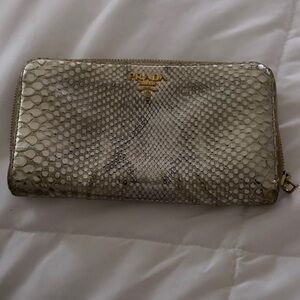 Prada Metallic Snakeskin Zip Wallet - Silver